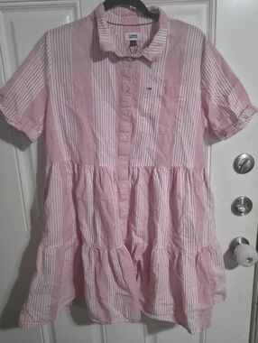 Tommy Jeans Pink White Striped Shirt Dress Linen Cotton Short Sleeve L/G